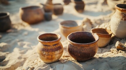 Clay pots and other artifacts are partially buried in the sand during an archaeological dig, suggesting an ancient civilization