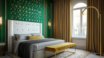 A modern Arabic-style bedroom with emerald green walls and gold motifs