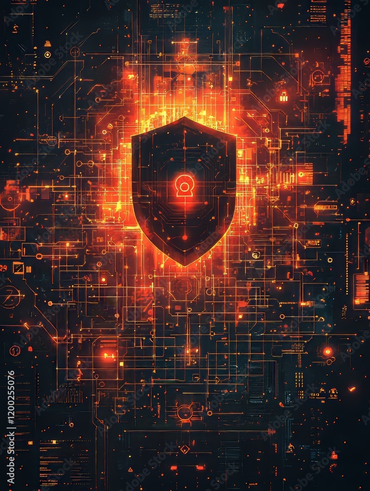 Poster a digital interface displays a shield and lock icon, representing robust internet security measures 