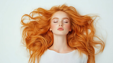 Fototapeta premium Redhead Woman with Long Hair Lying Down, Eyes Closed, Beauty Portrait