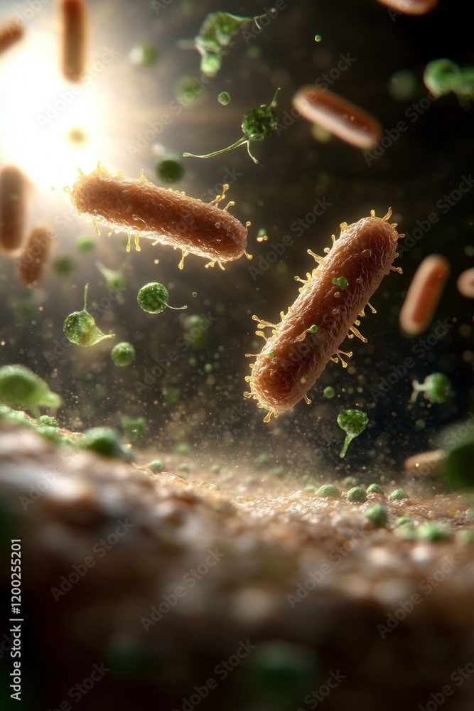 Poster microbes in motion: captivating close-up of bacteria and cells in a luminous environment