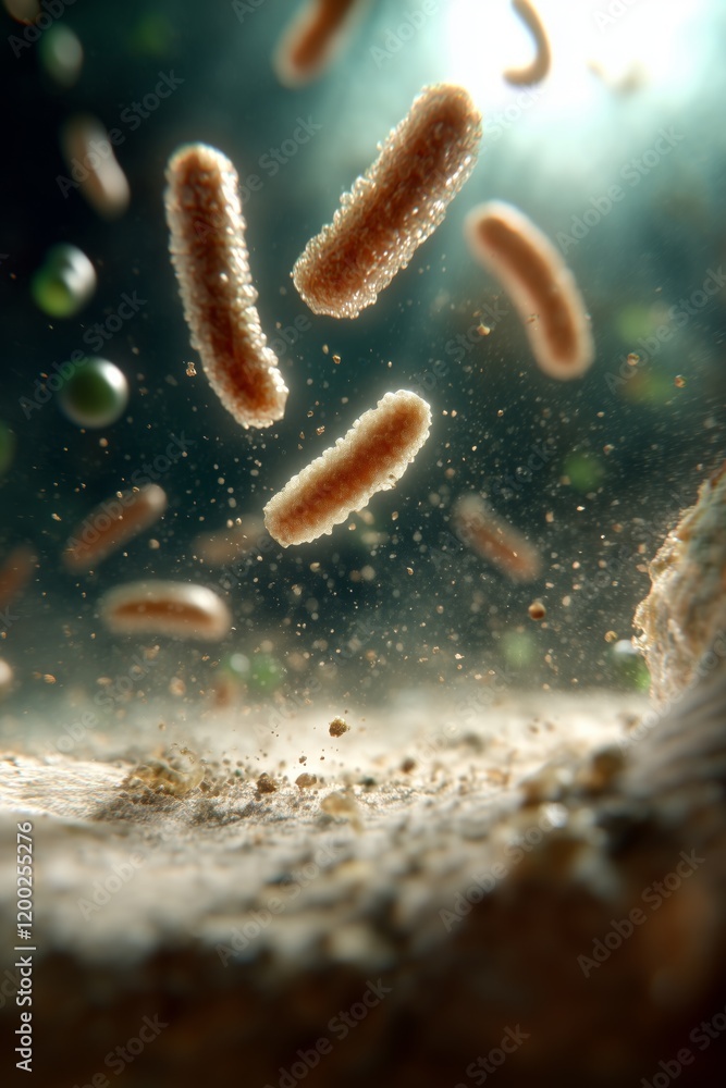 Poster microscopic view of floating bacteria in motion