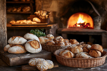Fototapeta premium Rustic Charm of Freshly Baked Bread: Warm, Golden Brown Loaves and Rolls in a Traditional Bakery with a Wood-Fired Oven