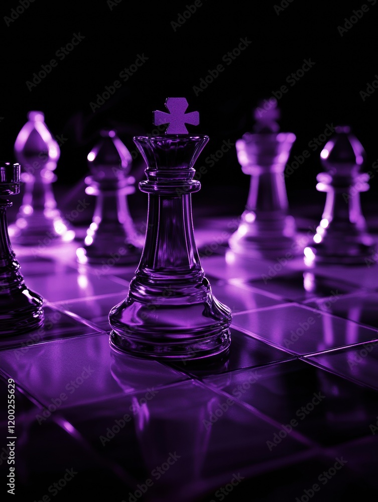 Poster Chess pieces illuminated by purple light create a captivating atmosphere on the board. Generative AI