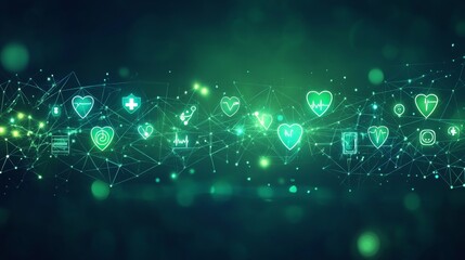 Connected Healthcare Abstract Medical Background in Soothing Green with Glowing Symbols