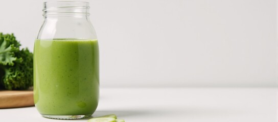 Eco-friendly bottle containing green smoothie with kale and cucumber