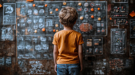Obraz premium Young Boy Studying Complex Diagrams on a Wall