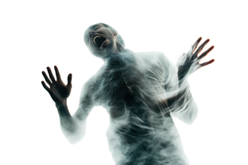 Person screaming with outstretched arms on a transparent background captured in a dramatic moment of emotion and energy