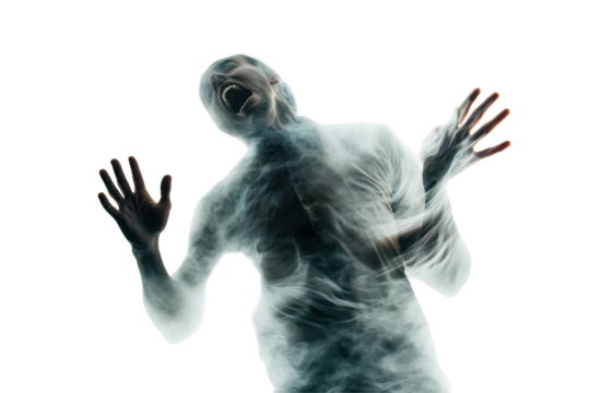 Person screaming with outstretched arms on a transparent background captured in a dramatic moment of emotion and energy