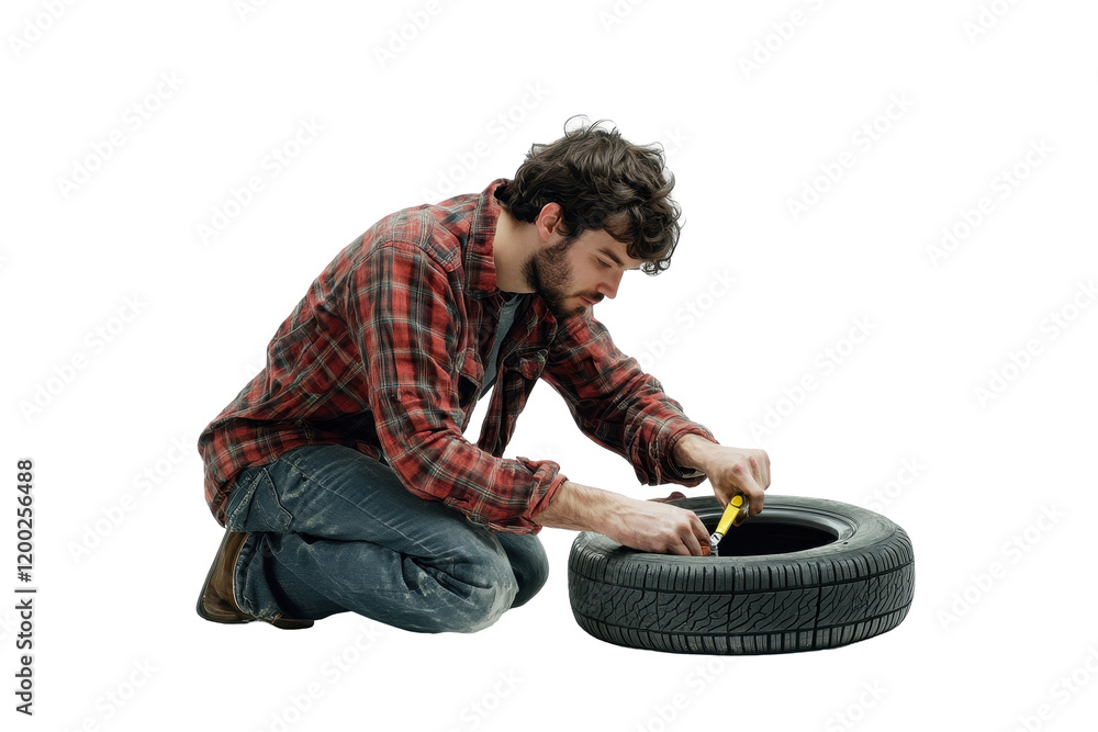 Poster man repairing a tire while wearing gloves and an orange jacket on a white background with transparen