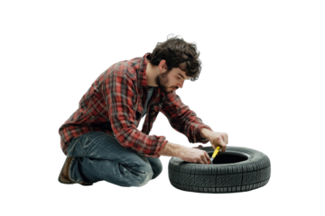Man repairing a tire while wearing gloves and an orange jacket on a white background with transparent details