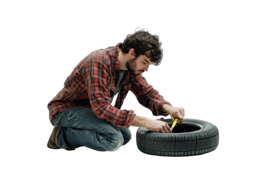 Man repairing a tire while wearing gloves and an orange jacket on a white background with transparent details