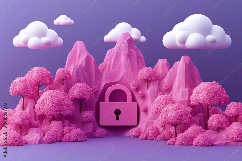 Poster server rack secured with a padlock, featuring cloud symbols and a password lock for protection