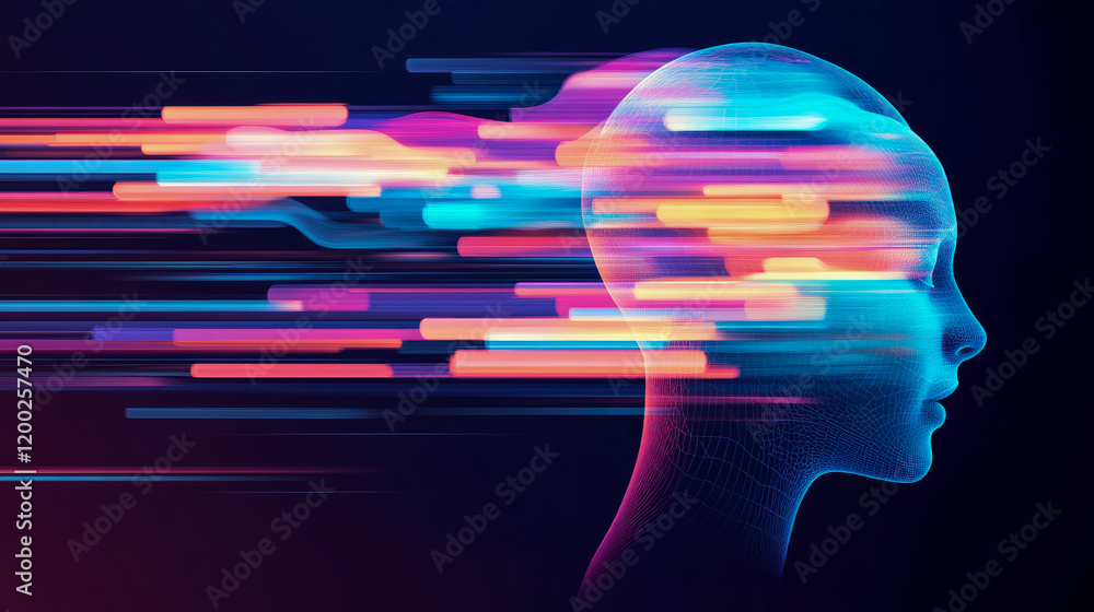 Poster abstract head with neon data streams: futuristic ai concept