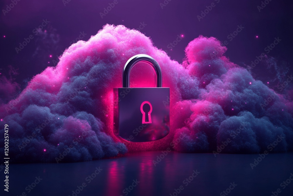 Poster a secure server rack equipped with a padlock, cloud imagery, and a password system to ensure protect