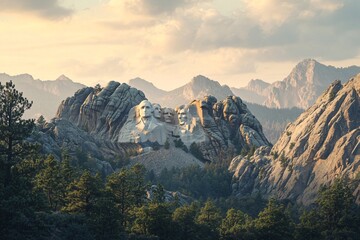Majestic Mount Rushmore National Monument at Sunrise Scenic Landscape Presidential Sculptures in