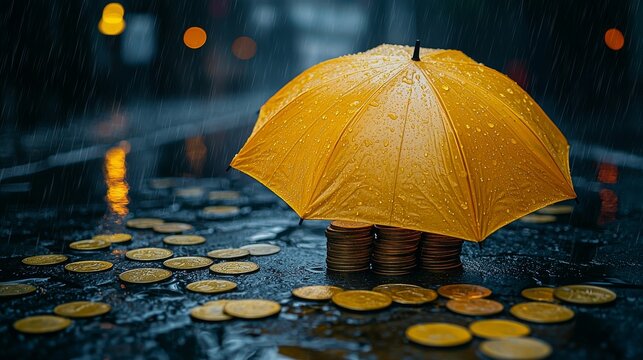 A yellow umbrella shields piles of coins from the rain, symbolizing protection of wealth