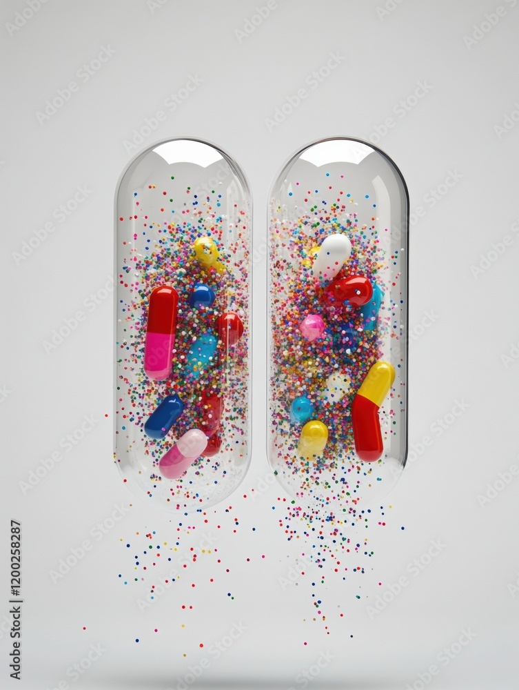 Fototapete colorful particles spill from a split capsule creating a vibrant display of shapes and hues. generat