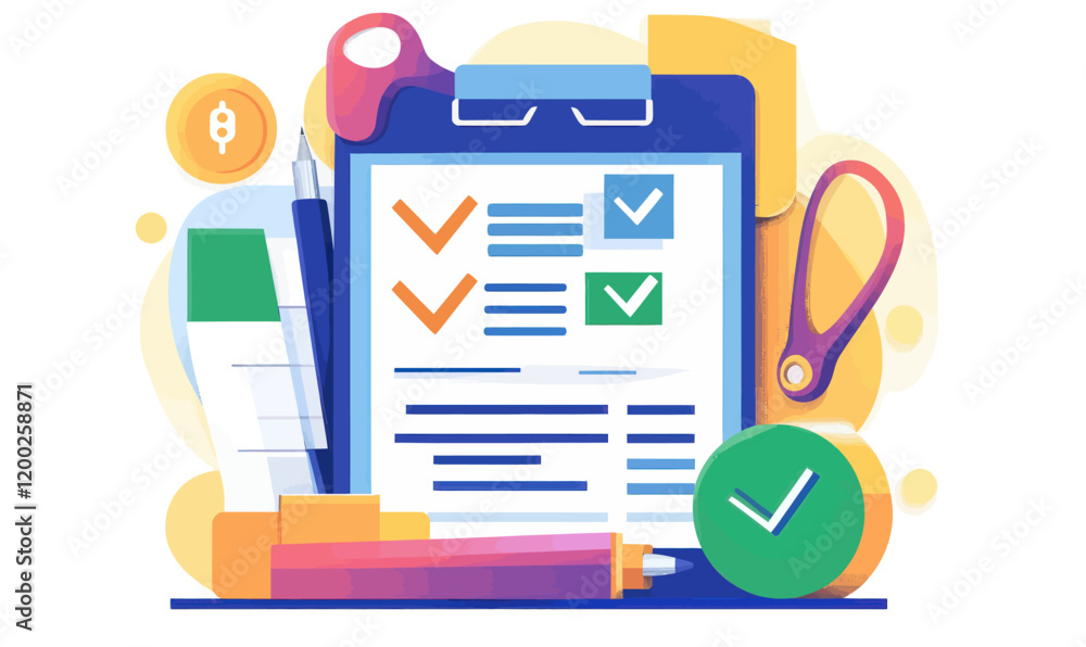 Poster colorful credit report vector with checkmarks and stationery in minimalist style