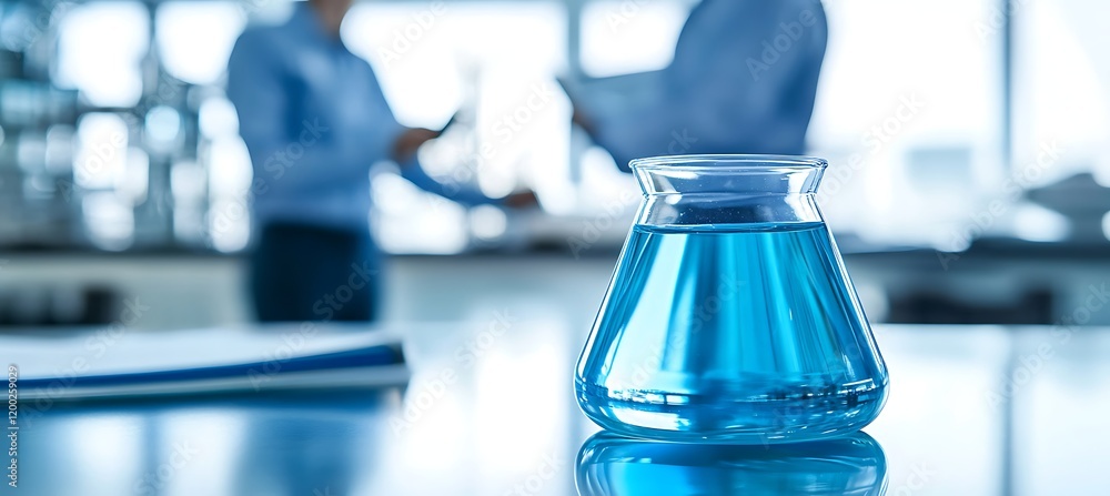 Poster a laboratory table inside a chemical factory displays a chemical flask containing active substances 