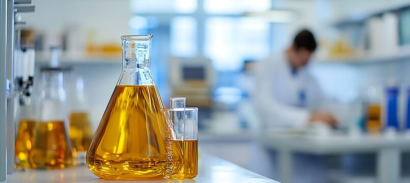 A close-up view of a chemical flask on a table in a chemical factory’s lab, surrounded by equipment for scientific research and development in chemical production.