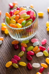 Multicolored jelly beans with various flavors in glass bowl on wooden table.