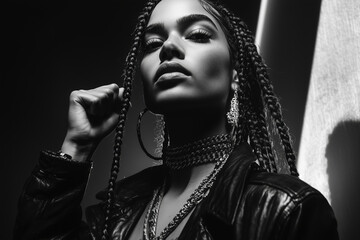 Black and White Portrait of a Woman with Braids and Jewelry. A captivating monochrome portrait of a stylish woman with intricate braids, bold jewelry, and a powerful gaze.
