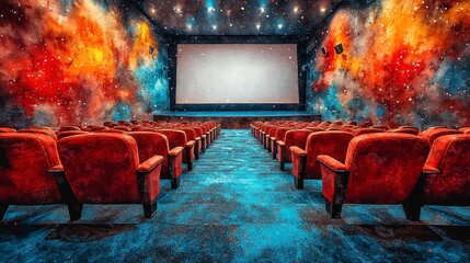 Empty movie theater with red seats and cosmic wall art.
