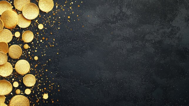 A dramatic glitter background combining black and gold particles. The design exudes elegance 