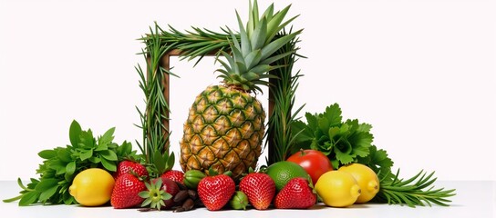 Herbs including rosemary and pineapple displayed within an artistic arrangement