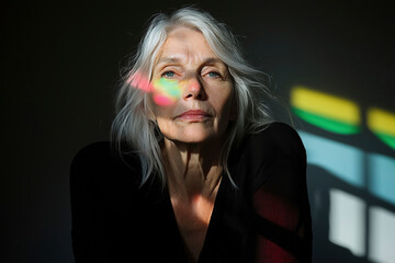Portrait of a Contemplative Elderly Woman with Rainbow Light on Her Face