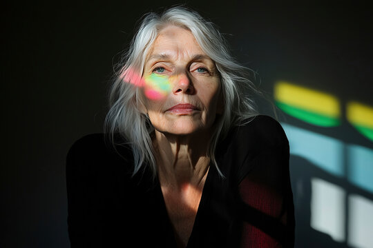Portrait of a Contemplative Elderly Woman with Rainbow Light on Her Face