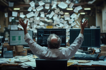 Overwhelmed businessman throws papers in the air in office. Business, stress, frustration concept.