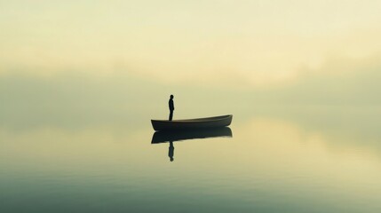 Solitary figure standing in a small boat on calm, misty water at dawn.