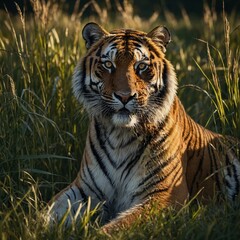 "A majestic, colorful tiger-cub in a field, its fur a vivid blend of hues, against a gently blurred backdrop."Tiger in the nature wildlife scene with danger animal.Majestic Bengal Tiger Roaming in the