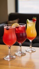 Three delightful cocktail glasses adorn the table