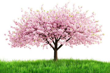 Obraz premium Beautiful cherry blossom tree blooming in a green meadow during springtime isolated on transparent background