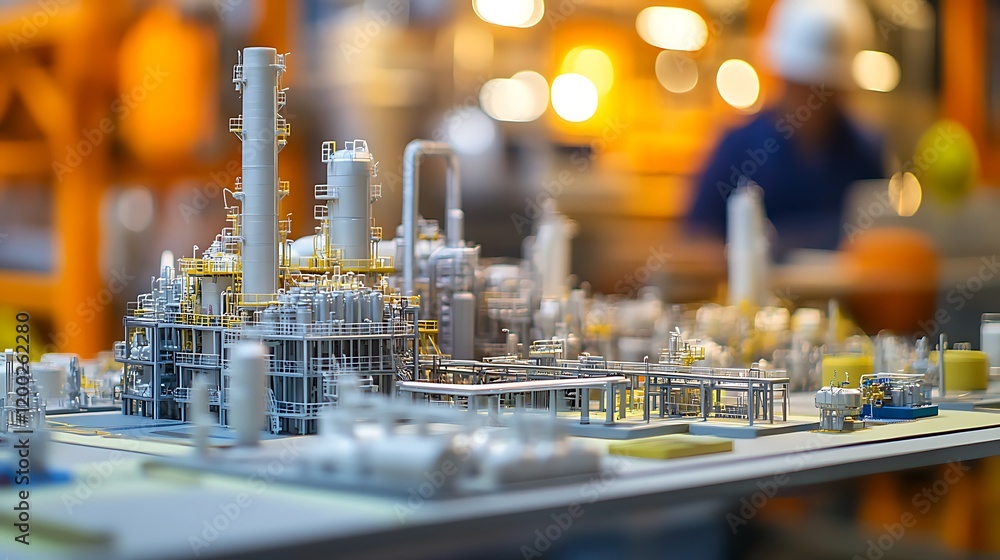 Poster a model of a chemical processing plant is displayed on a table in an office setting, showcasing the 