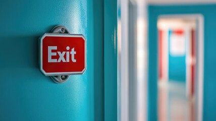 Red exit sign on teal wall in hallway