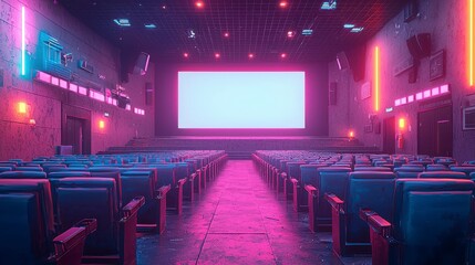 Empty retro cinema auditorium with neon lights and a large blank screen.