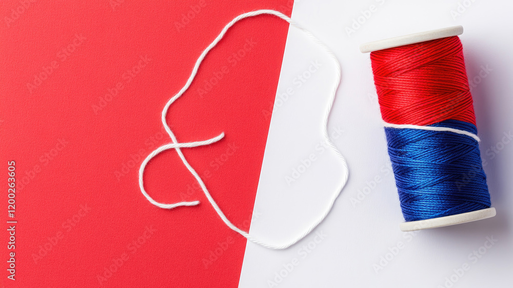 Poster spool of red and blue thread with white string on background