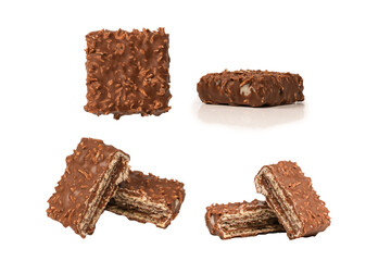 Chocolate coconut wafer bar isolated on white background.