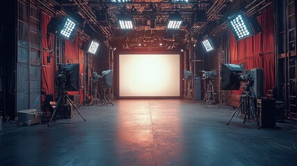 Empty television studio with bright screen, cameras, and lights.