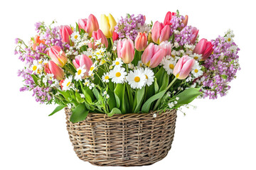 Colorful spring flower arrangement in a woven basket ready for seasonal decor isolated on transparent background