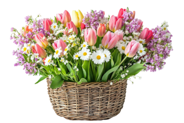Colorful spring flower arrangement in a woven basket ready for seasonal decor isolated on transparent background