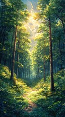 Obraz premium Sun-drenched forest path invites exploration. Light filters through lush canopy. Ideal for nature lovers seeking tranquility. Use for backgrounds, posters, or nature-themed designs.