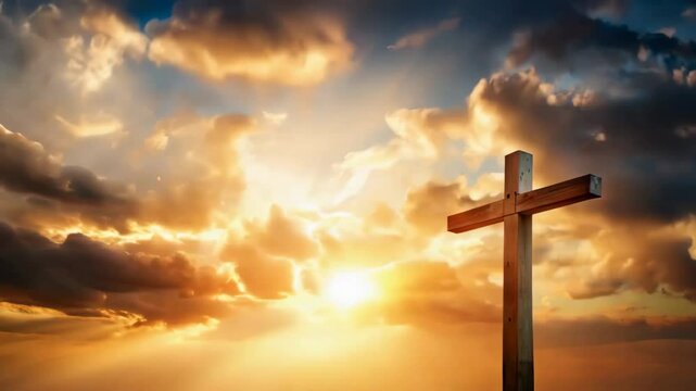 A powerful symbolic scene featuring a solitary cross on Golgotha, set against a dramatic sky with thunderclouds and radiant sun rays breaking through. 