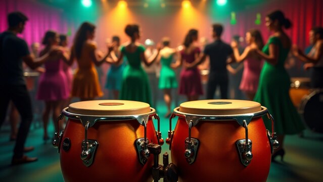 Polished timbales surrounded by tropical floating notes, set against a blurred salsa stage. The vibrant colors and rhythmic energy capture the lively atmosphere of a salsa performance.