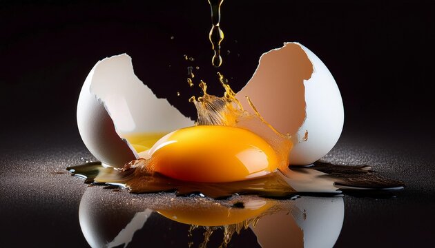 broken egg cracked shell yellow yolk white splash raw food