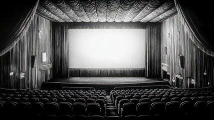 Empty vintage movie theater with large screen and rows of seats. (1)